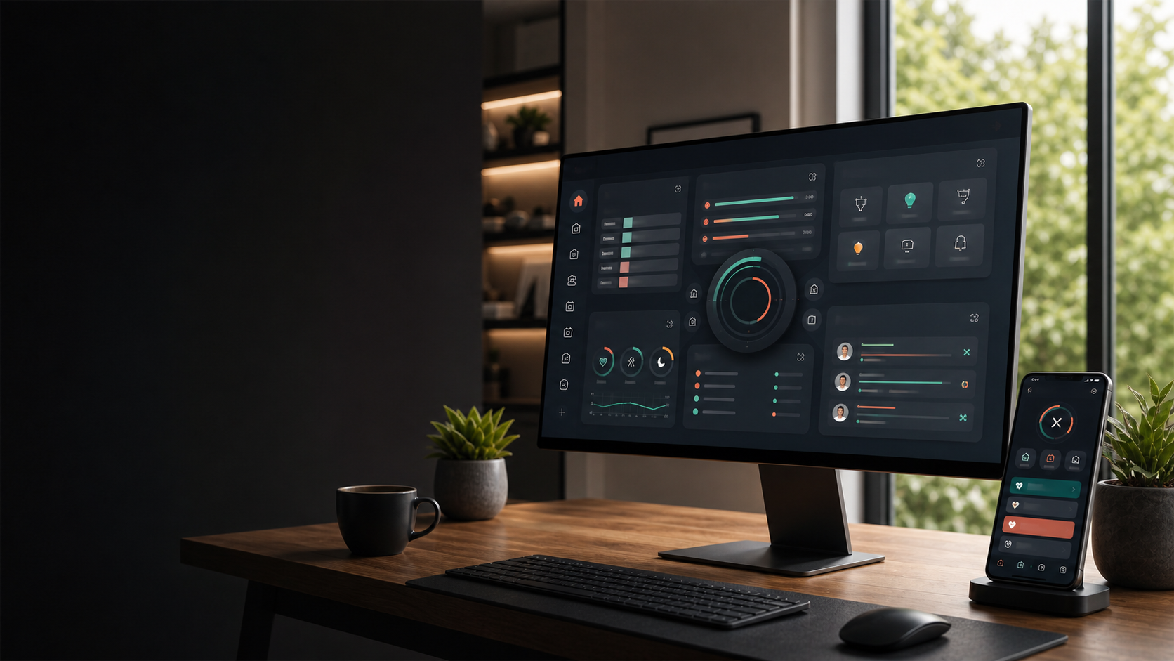 Zyraxis life automation dashboard displayed on desktop and mobile screens in a calm home office